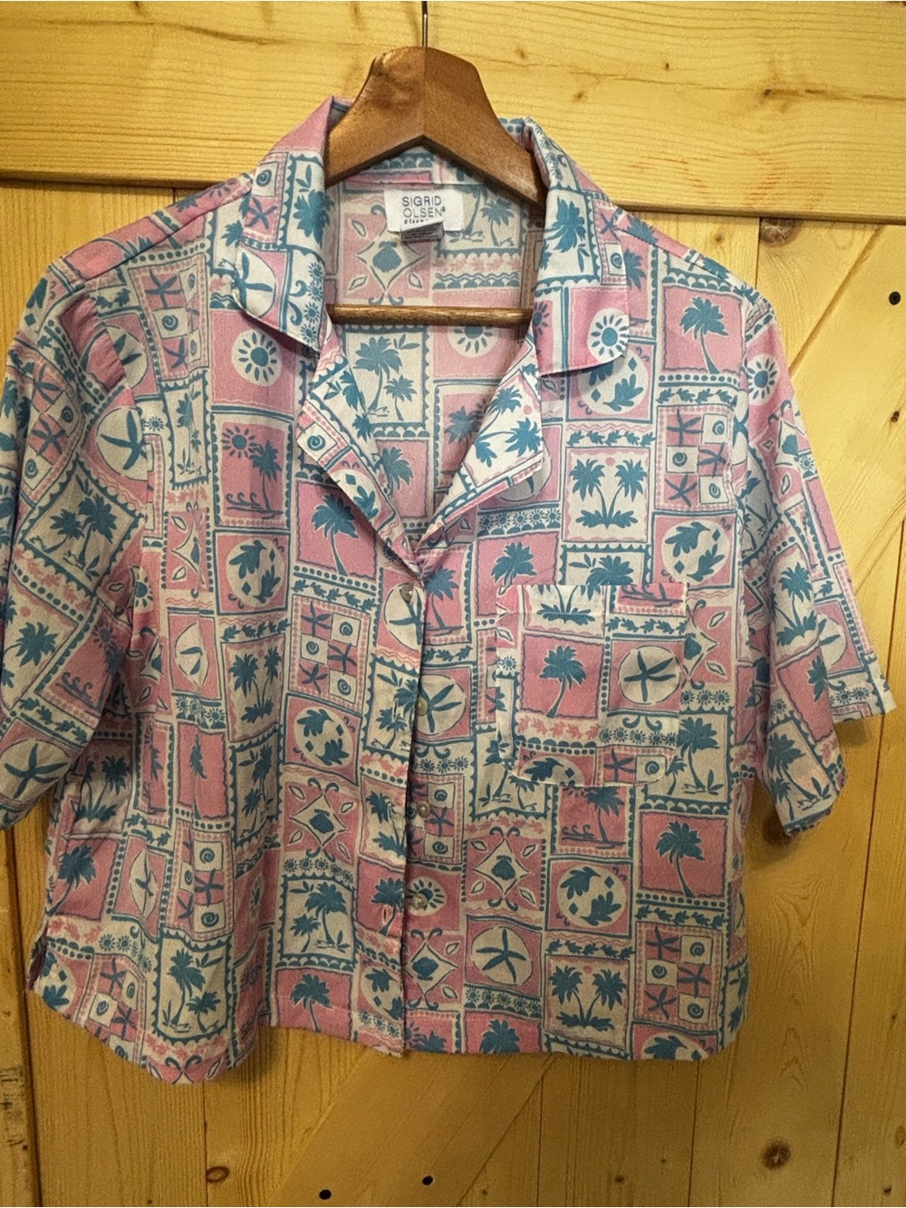 Sigrid Olsen Pink & Teal Printed Short-Sleeve Button-Front Shirt/Sleepwear